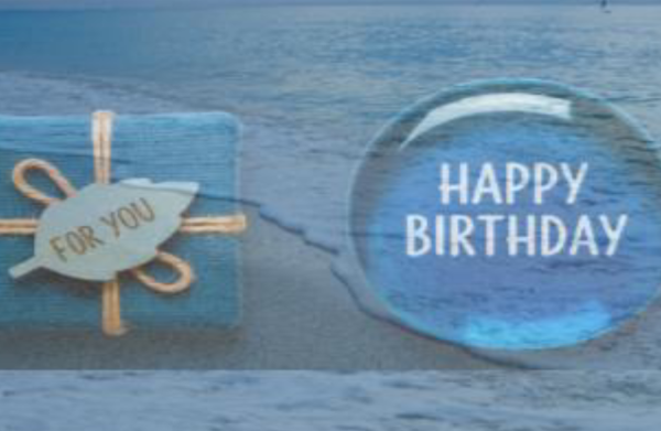 Birthday gift card with parcel and bubble on seashore, with birthday words: for you & Happy Birthday.