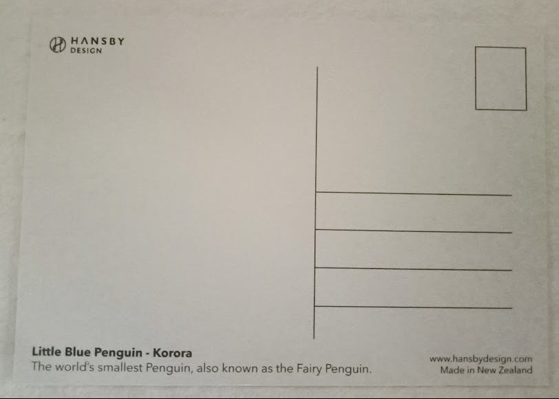 Back of a postcard with Hansby Design branding and text about the Little Blue Penguin.