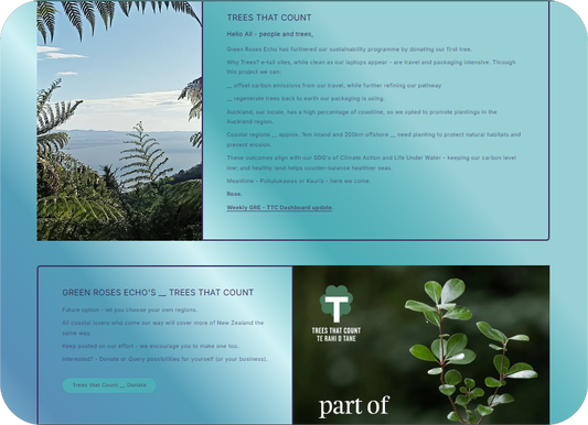 Screenshot collage of Trees that Count addition in Green Roses Echo About page.