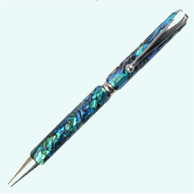 Pen with abalone shell pattern on a light blue background and stainless steel trim.