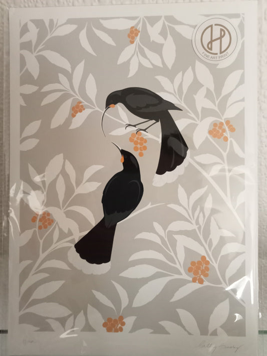 Decorative card with black Huia birds on a floral Koromiko pattern