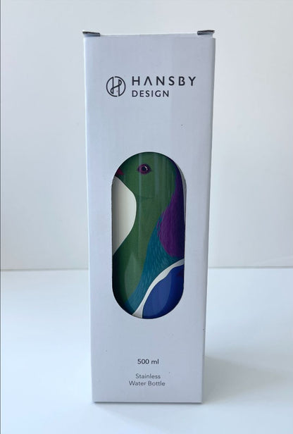 Hansby Design water bottle packaging with a colorful Kereru bottle illustration on a white background