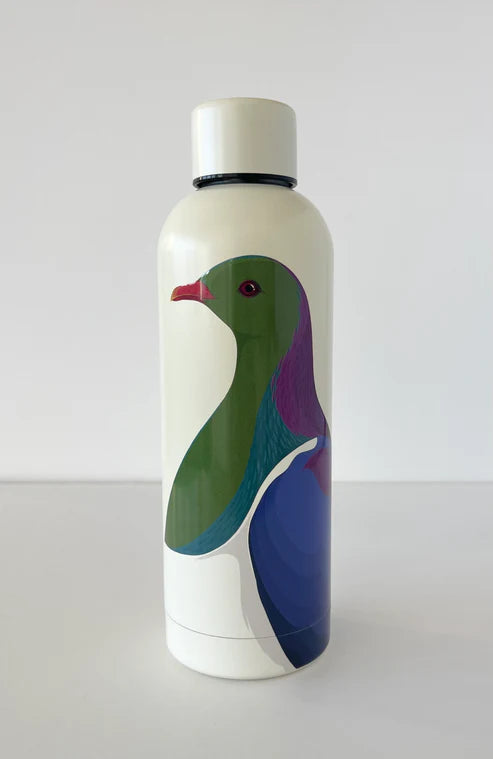 White water bottle with a colorful Kereru bird design on a white background