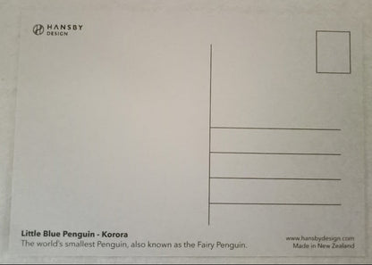 Back of a postcard with Hansby Design branding and text about the Little Blue Penguin.