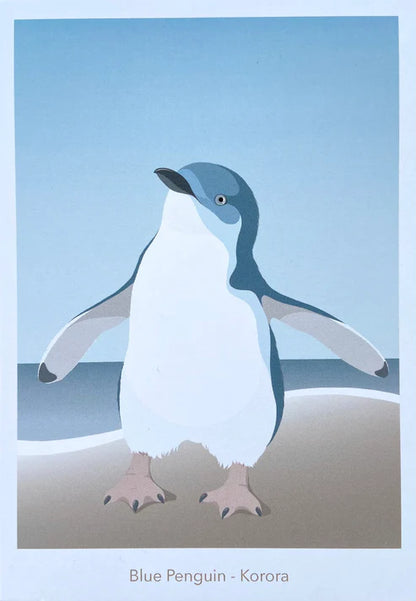 Postcard showing illustration of BluePenguin on beach with gradient blue sky.